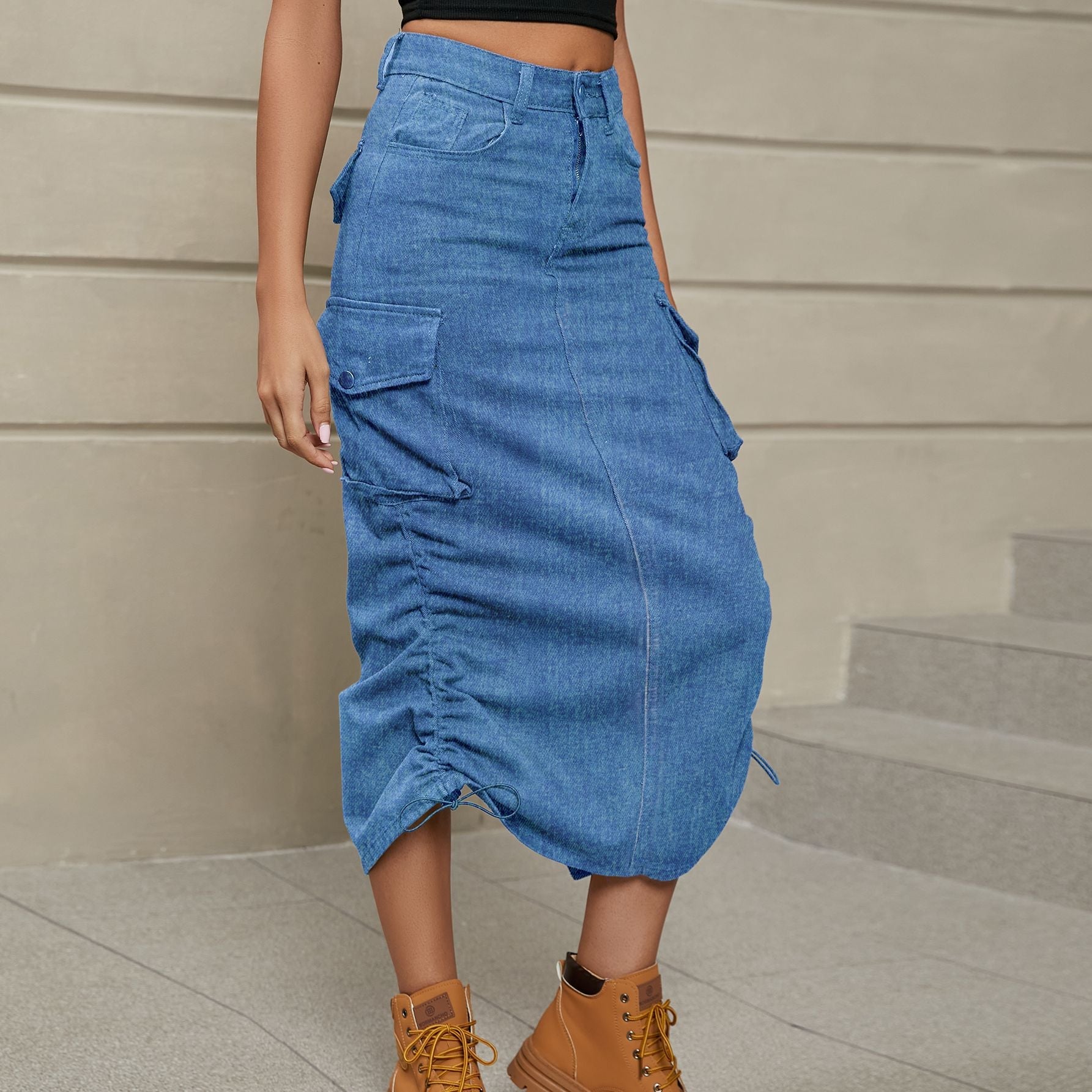 Drawstring Ruched Slit Denim Midi Skirt - Flip Flop Dynasty
