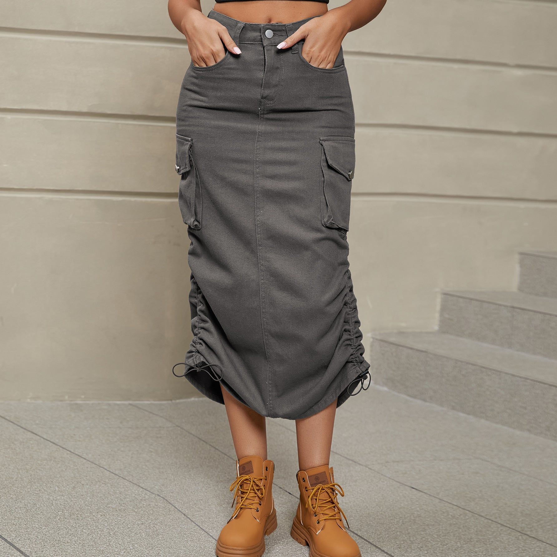 Drawstring Ruched Slit Denim Midi Skirt - Flip Flop Dynasty
