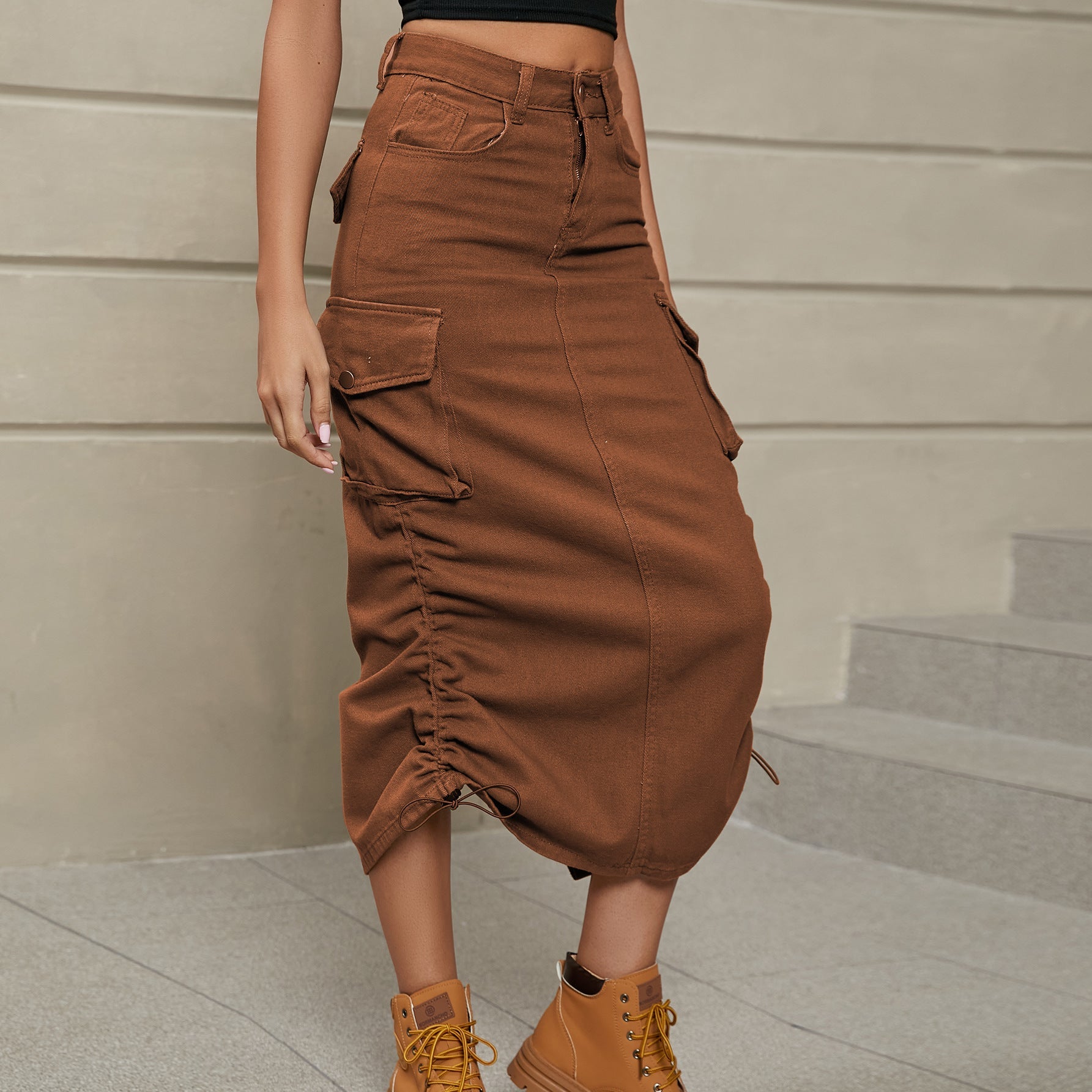 Drawstring Ruched Slit Denim Midi Skirt - Flip Flop Dynasty
