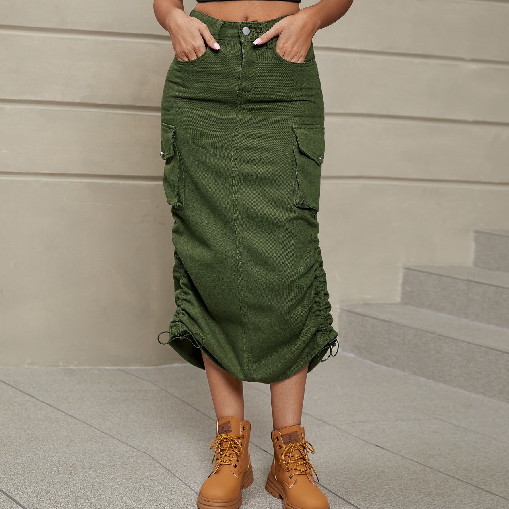 Drawstring Ruched Slit Denim Midi Skirt - Flip Flop Dynasty