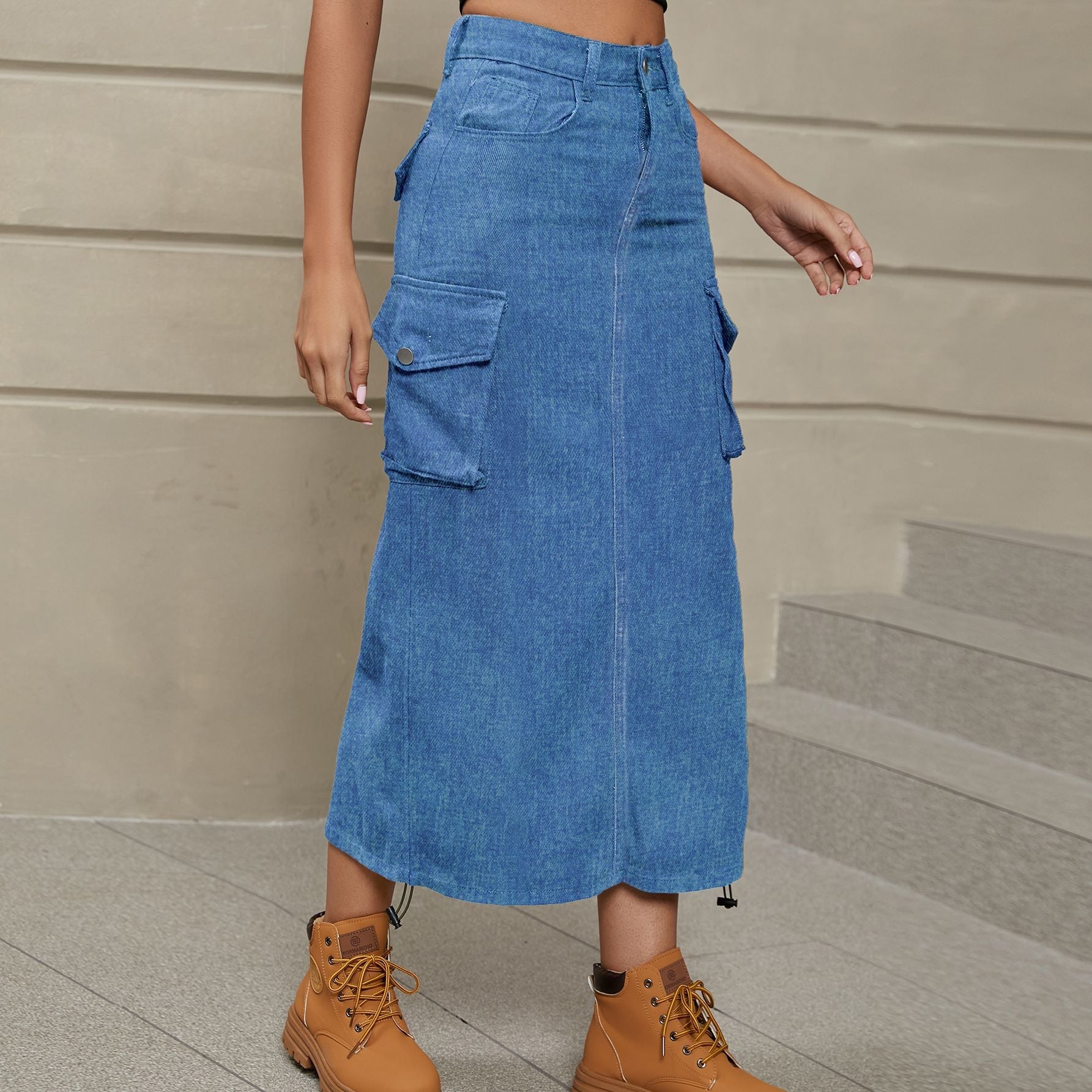 Drawstring Ruched Slit Denim Midi Skirt - Flip Flop Dynasty