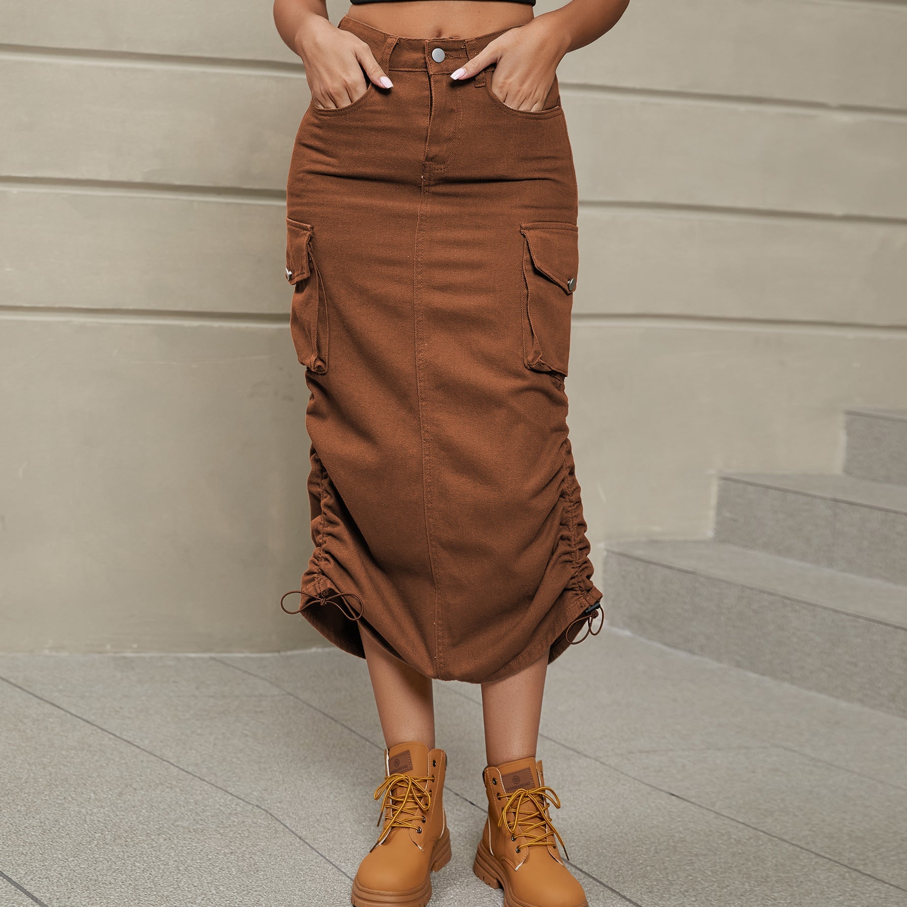 Drawstring Ruched Slit Denim Midi Skirt - Flip Flop Dynasty