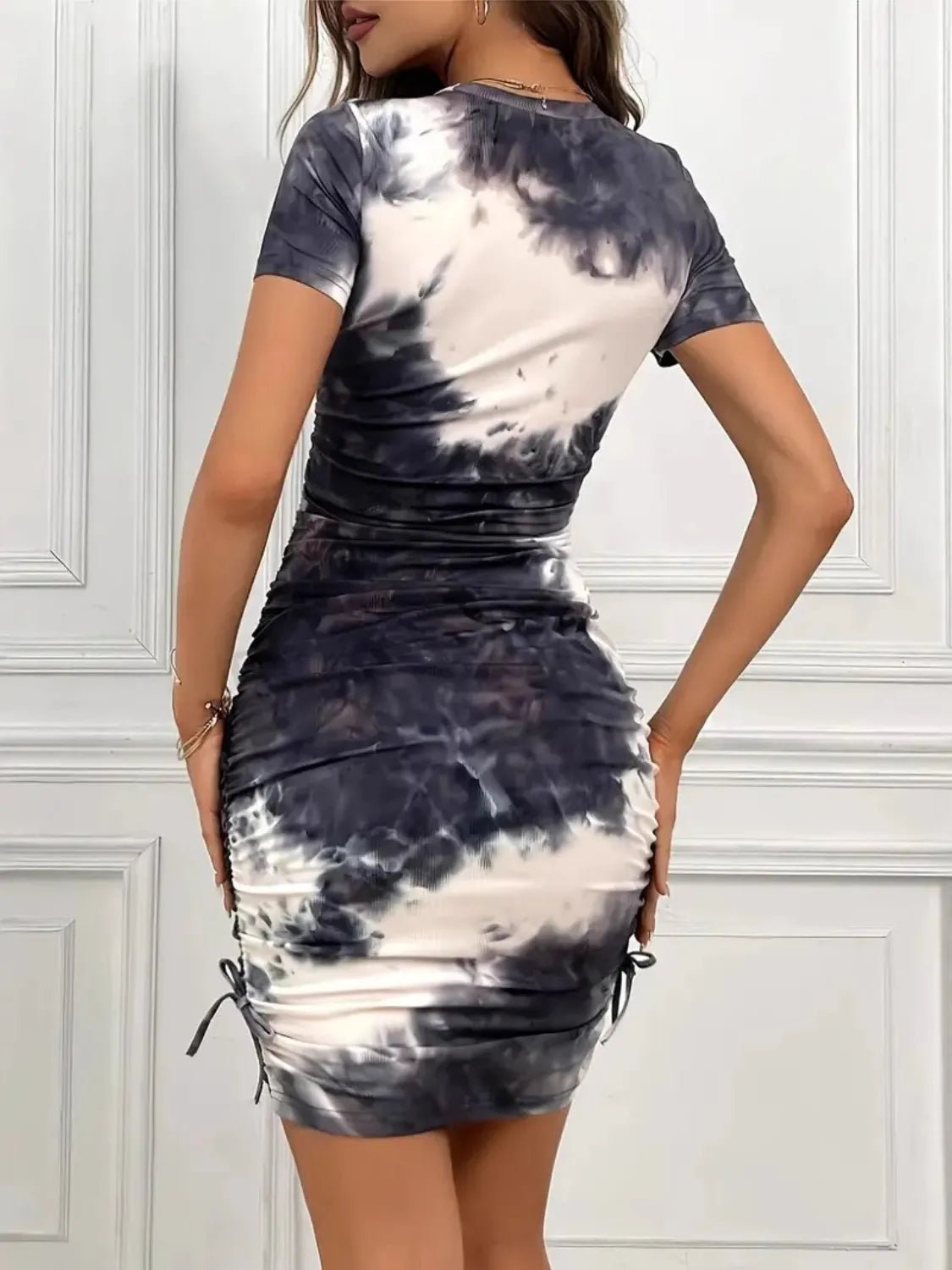 Drawstring Tie - Dye Round Neck Short Sleeve Dress - Flip Flop Dynasty