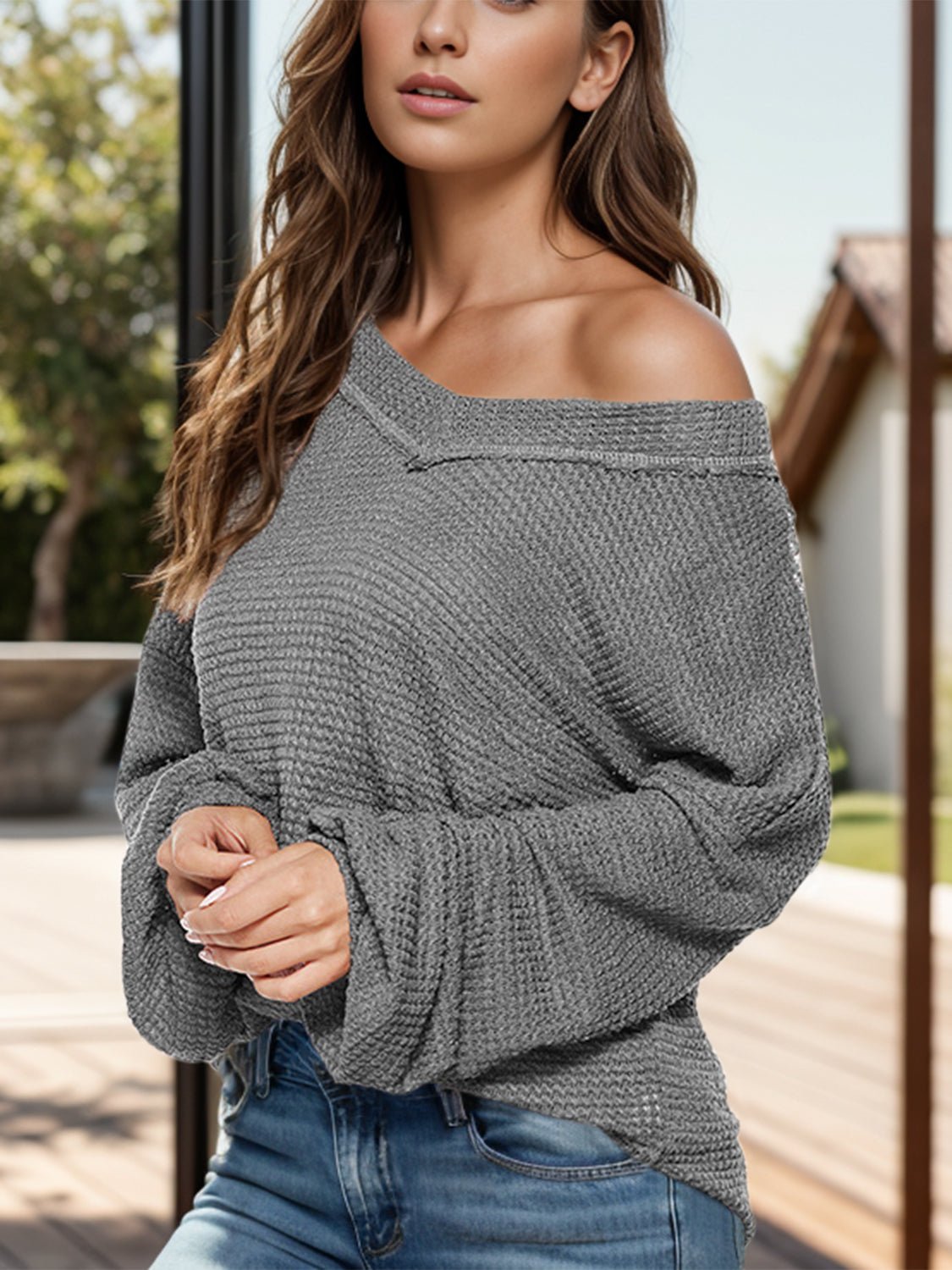 Dropped Shoulder Long Sleeve Knit Top - Flip Flop Dynasty