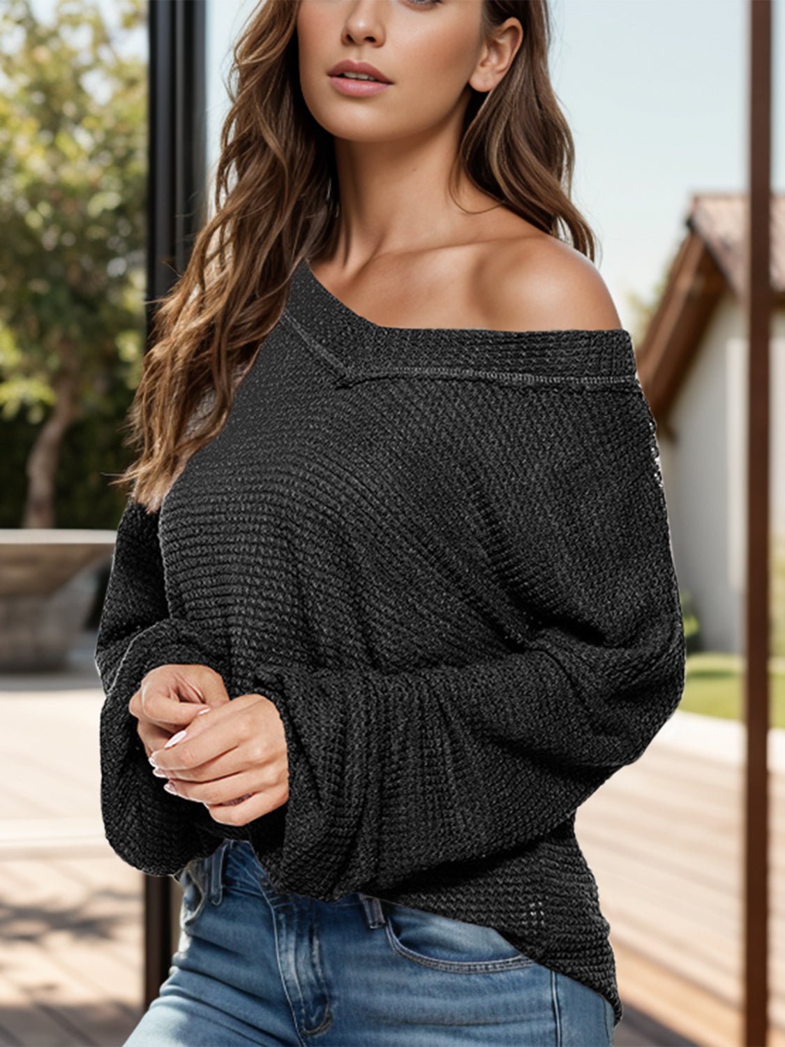 Dropped Shoulder Long Sleeve Knit Top - Flip Flop Dynasty