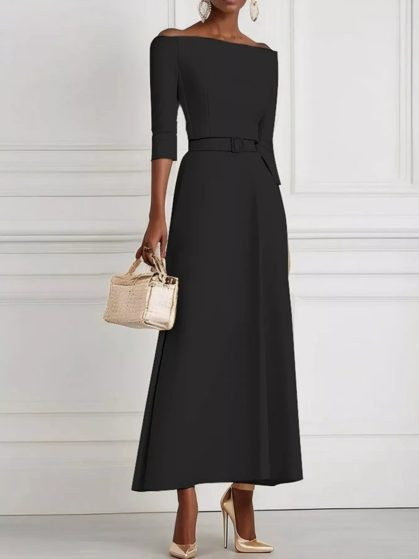 Elegant Off - Shoulder Belted Maxi Dress - Flip Flop Dynasty