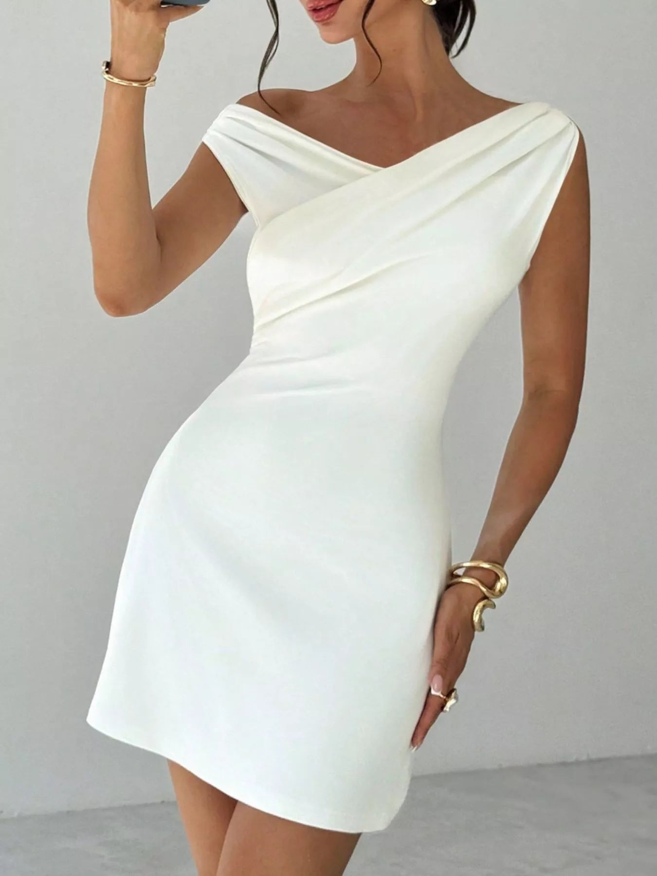 Elegant Off - Shoulder Draped Mini Dress - Flip Flop Dynasty