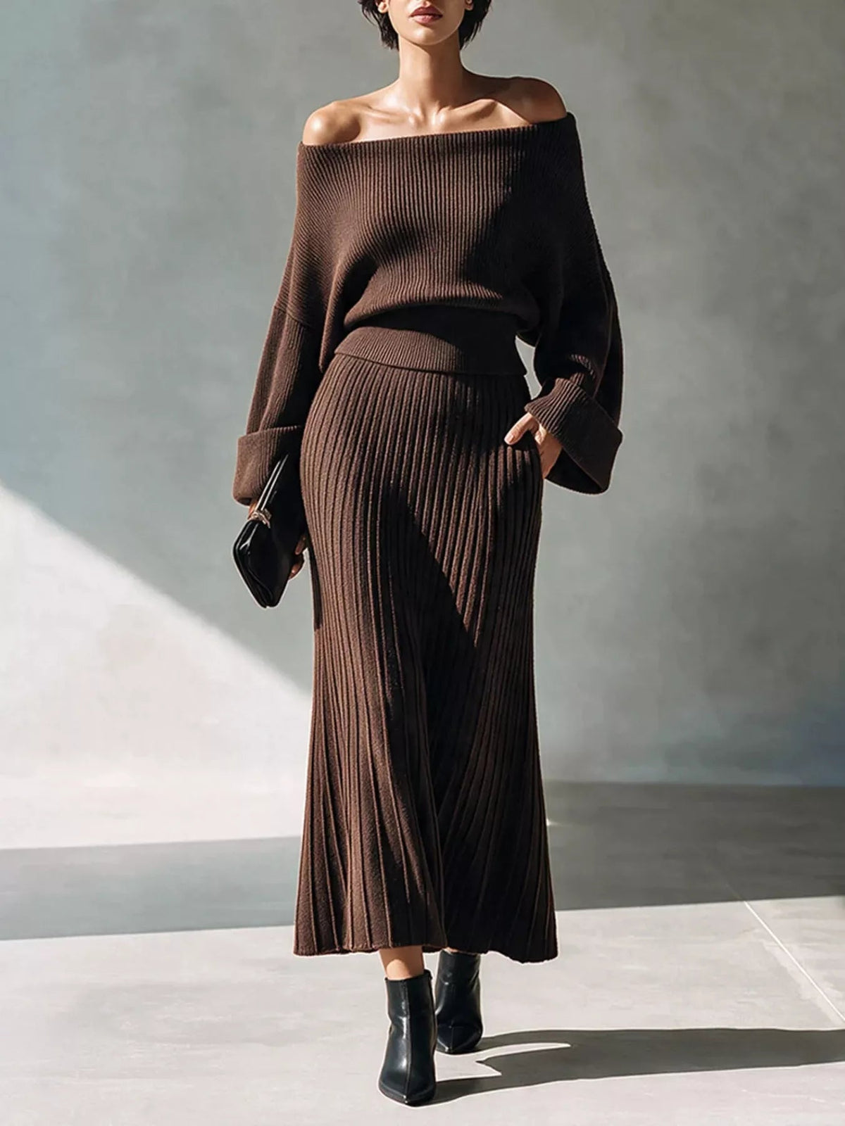 Elegant Off-Shoulder Ribbed Knit Top and Skirt Set - Flip Flop Dynasty
