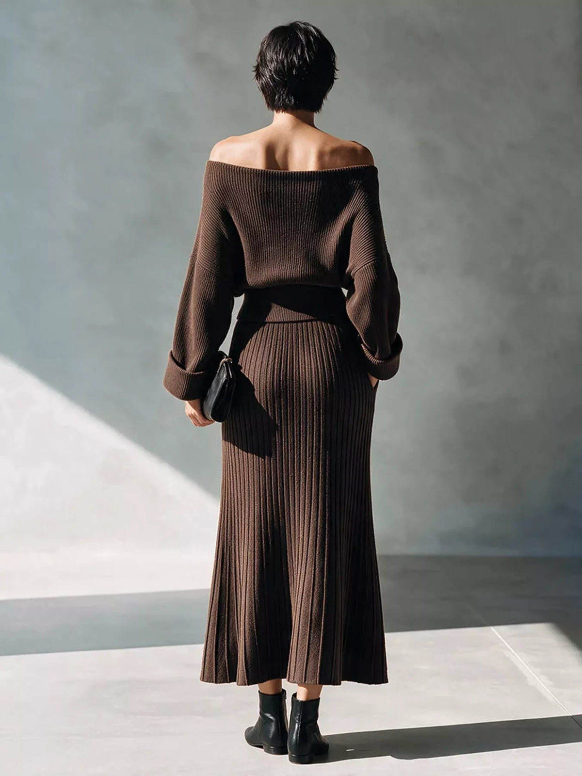 Elegant Off-Shoulder Ribbed Knit Top and Skirt Set - Flip Flop Dynasty