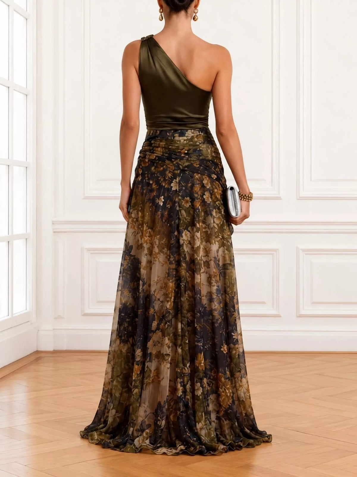 Elegant One-Shoulder Floral Print High-Slit Evening Dress - Flip Flop Dynasty