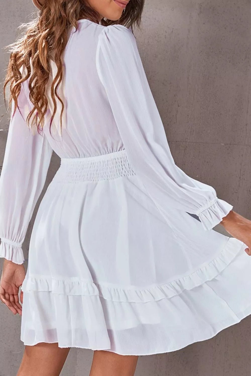 Elegant Tie - Front Ruffle Mini Dress with Smocked Waist - Flip Flop Dynasty