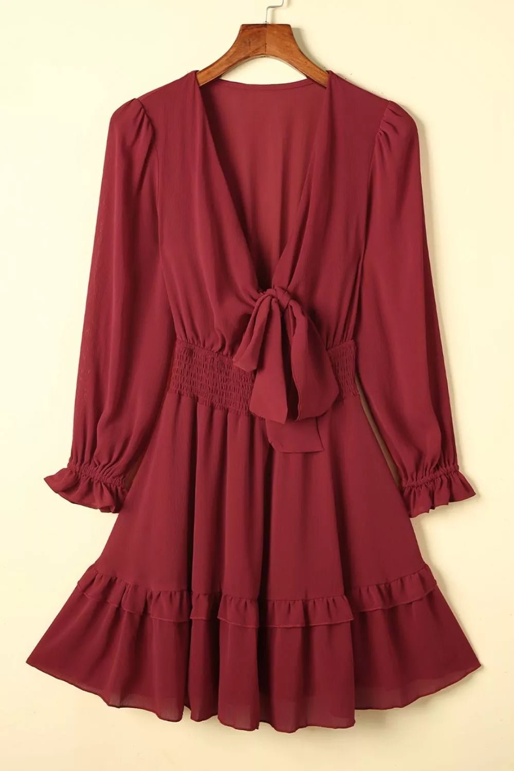 Elegant Tie - Front Ruffle Mini Dress with Smocked Waist - Flip Flop Dynasty