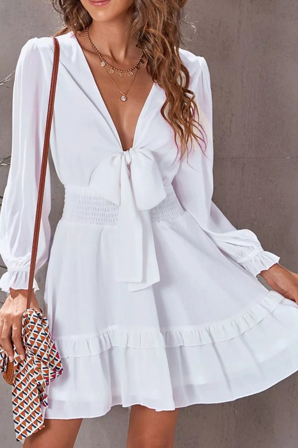 Elegant Tie - Front Ruffle Mini Dress with Smocked Waist - Flip Flop Dynasty