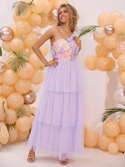 Embroidered Layered Single Shoulder Dress - Flip Flop Dynasty
