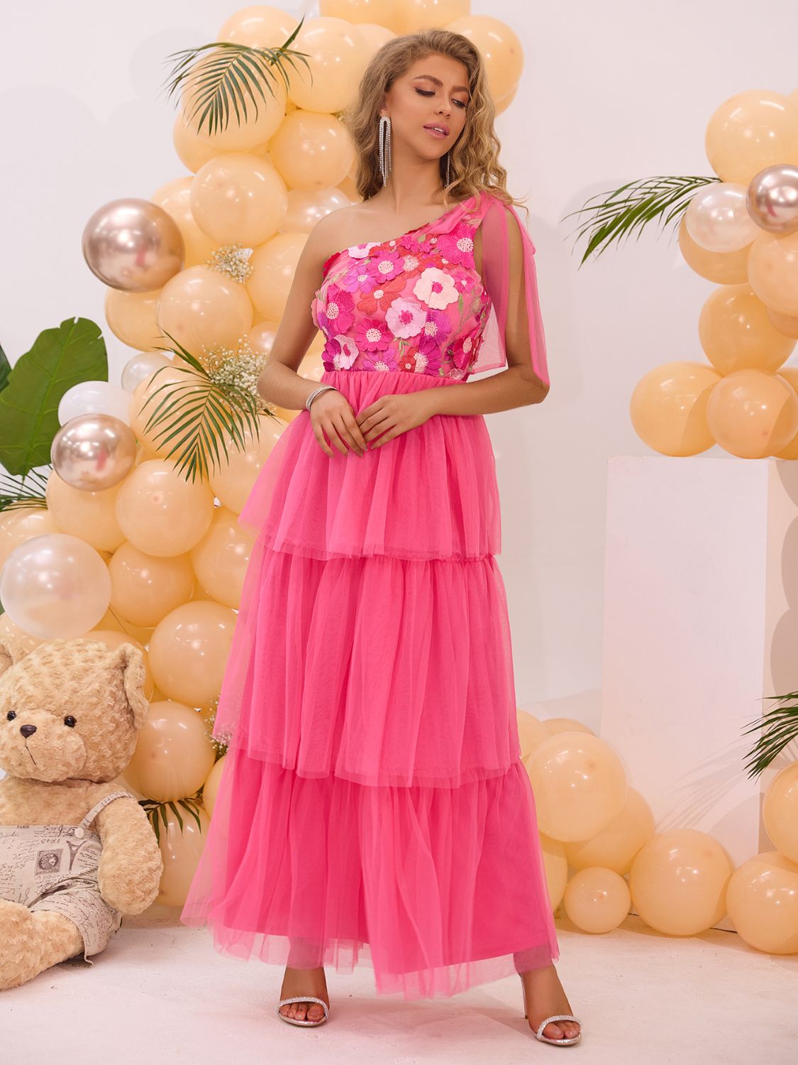 Embroidered Layered Single Shoulder Midi Dress - Flip Flop Dynasty