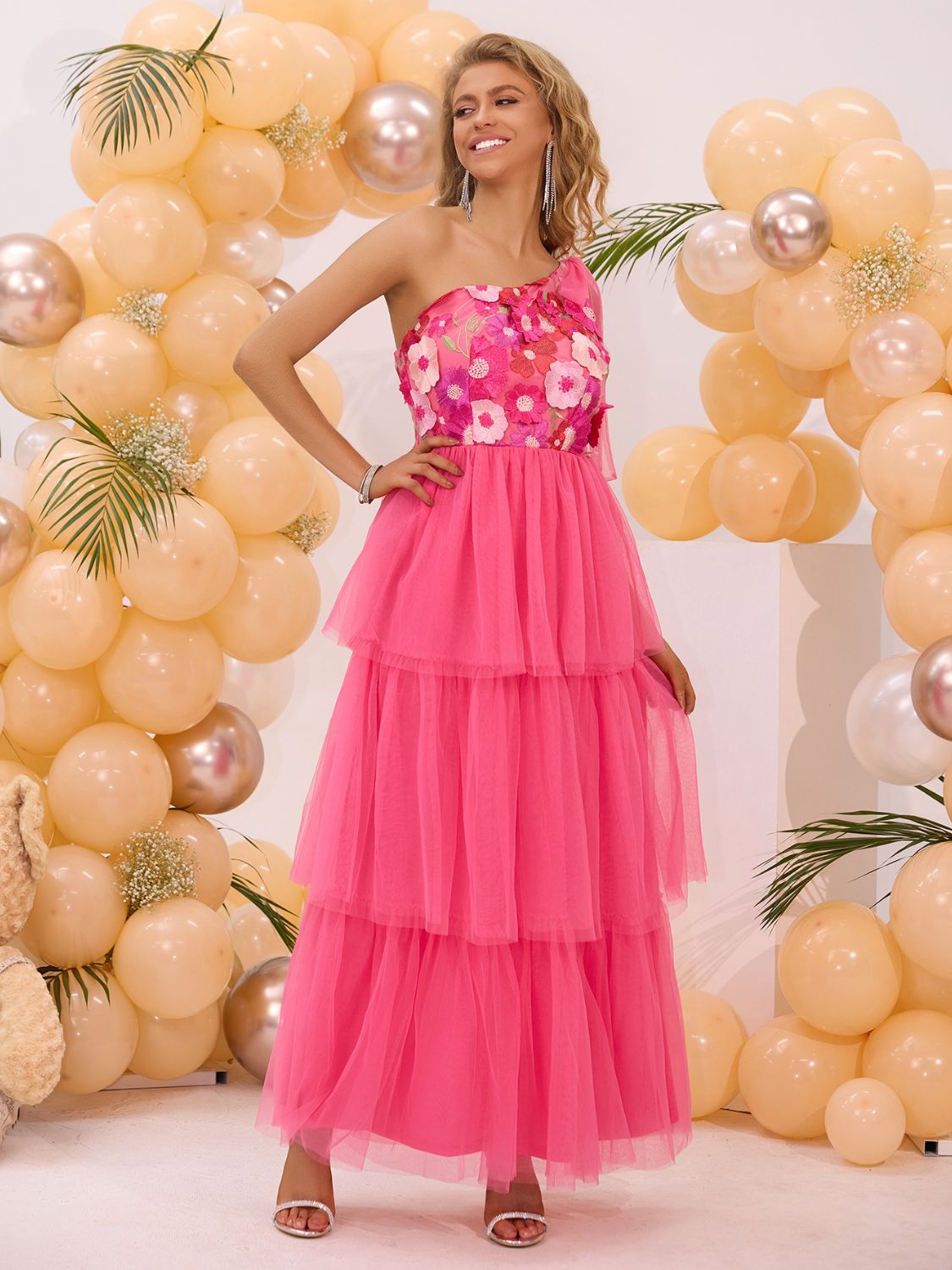 Embroidered Layered Single Shoulder Midi Dress - Flip Flop Dynasty