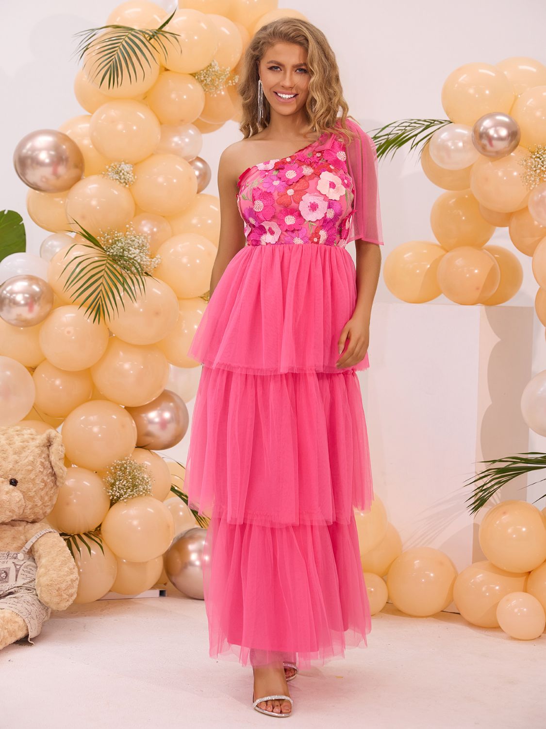 Embroidered Layered Single Shoulder Midi Dress - Flip Flop Dynasty