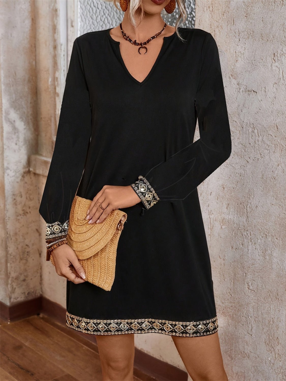 Embroidered Notched Long Sleeve Mini Dress - Flip Flop Dynasty
