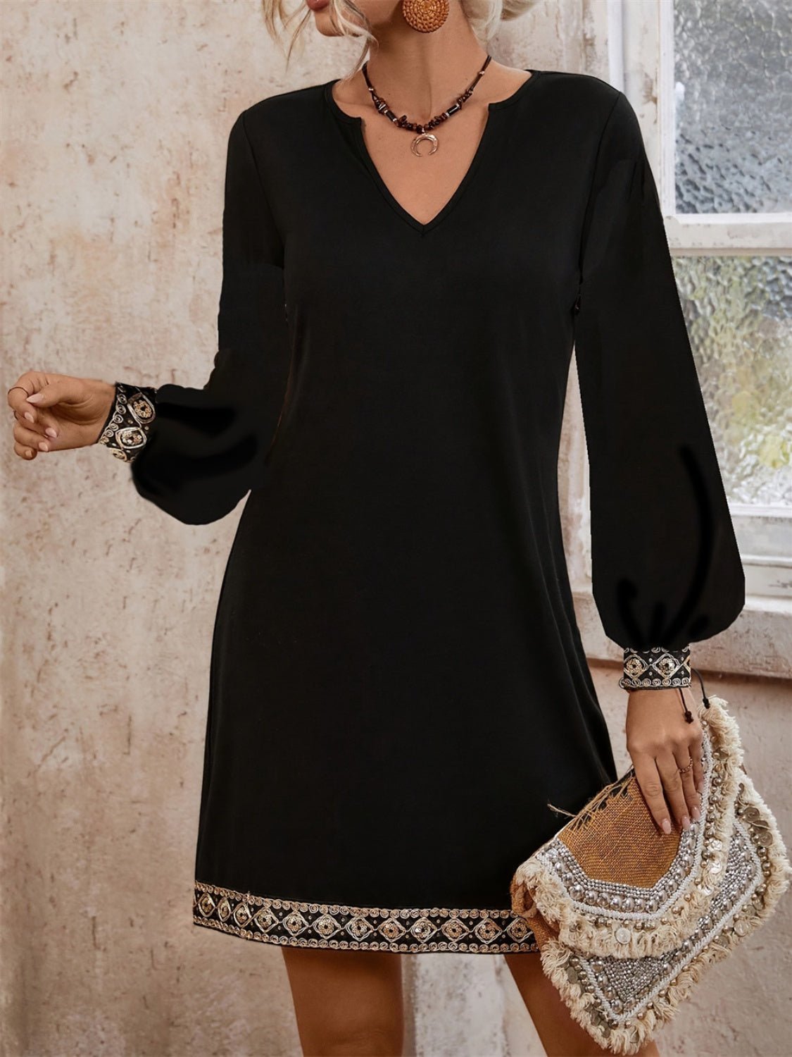 Embroidered Notched Long Sleeve Mini Dress - Flip Flop Dynasty