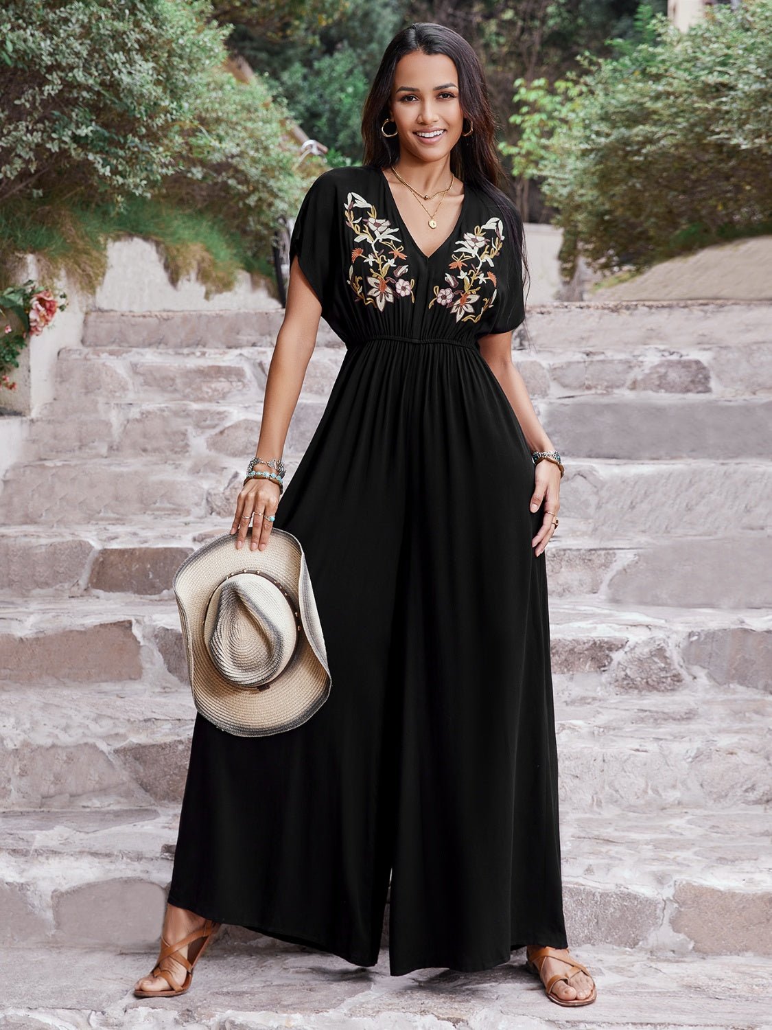 Embroidered Ruched Short Sleeve Jumpsuit - Flip Flop Dynasty