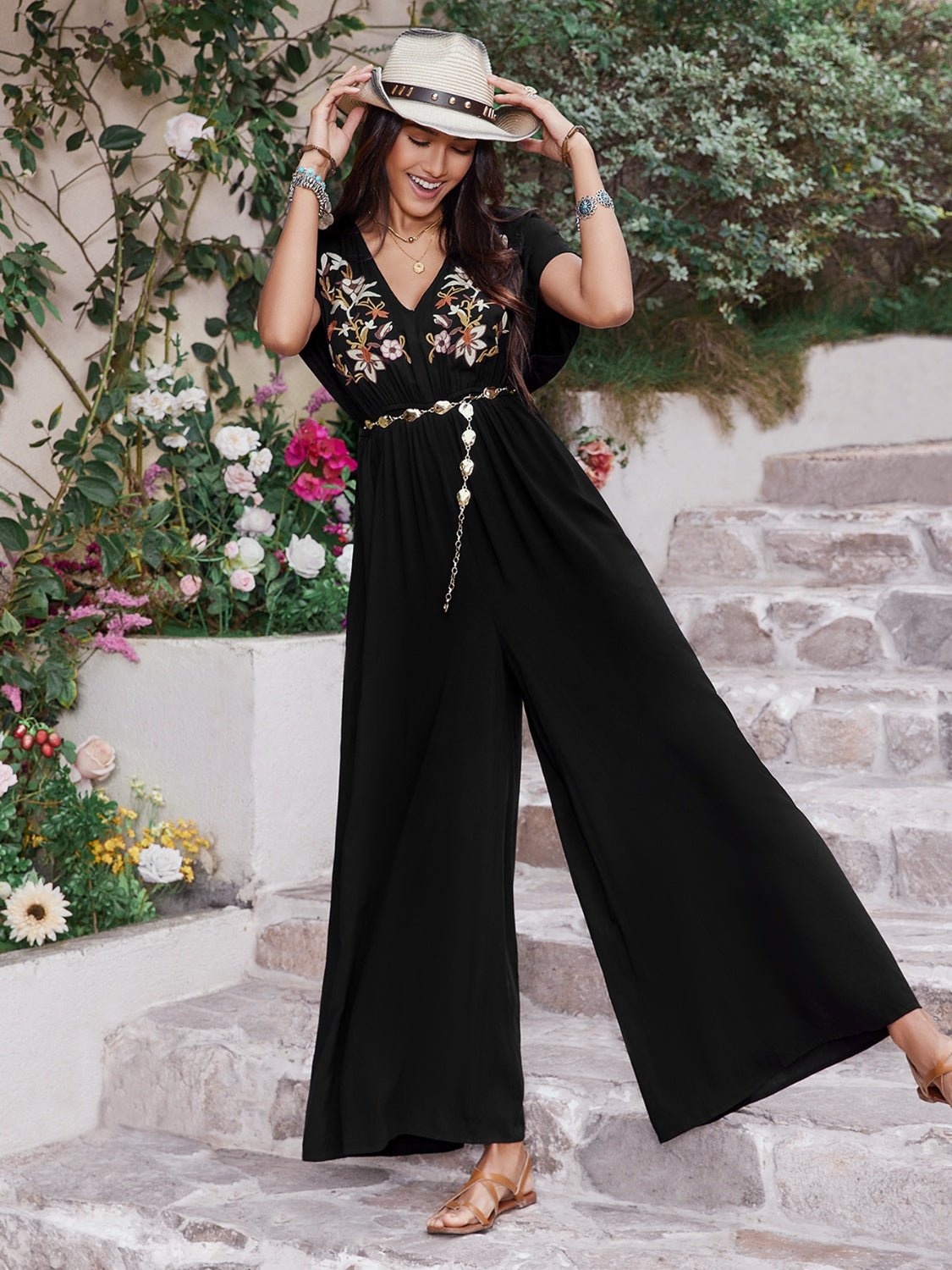 Embroidered Ruched Short Sleeve Jumpsuit - Flip Flop Dynasty