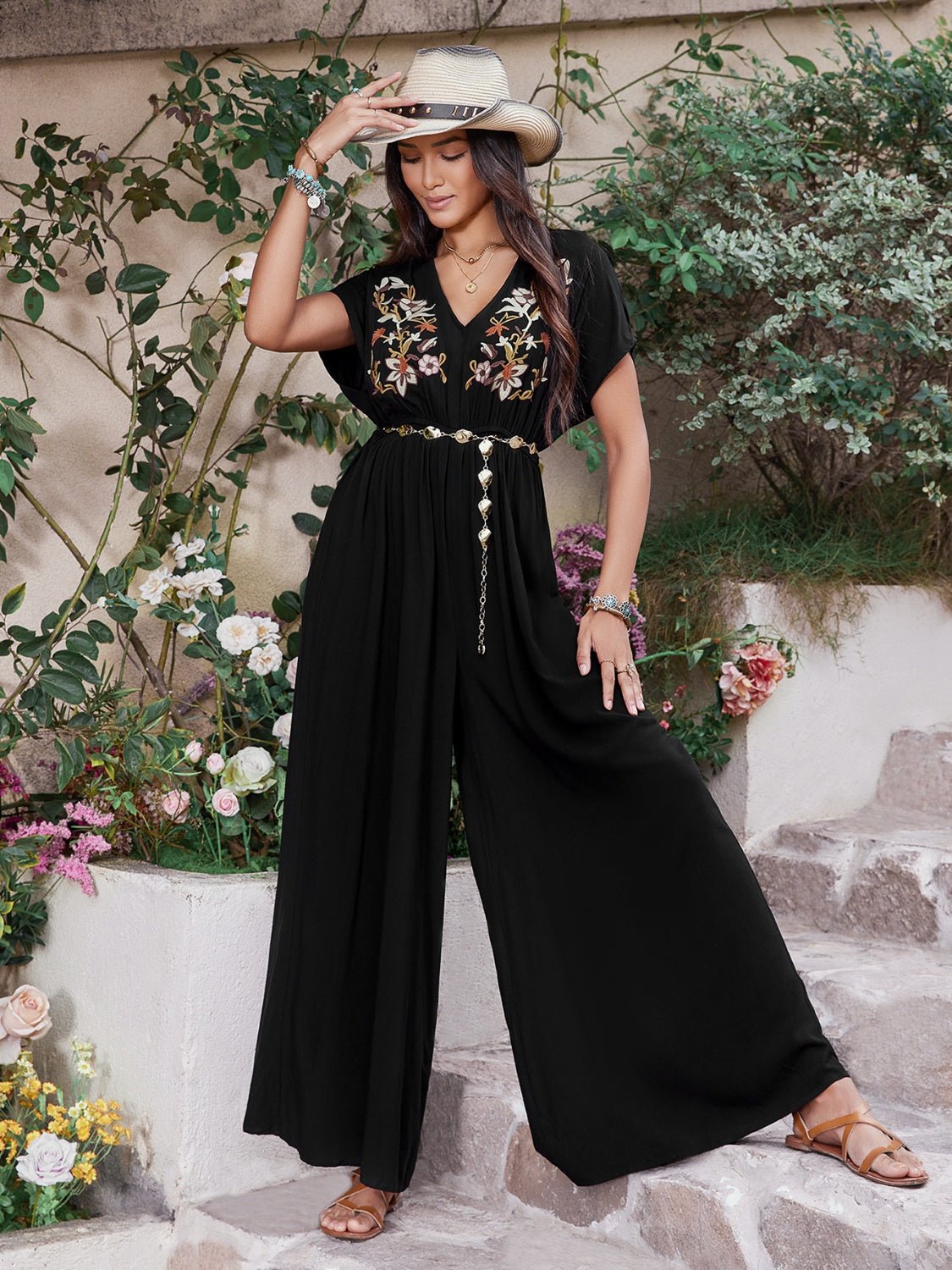 Embroidered Ruched Short Sleeve Jumpsuit - Flip Flop Dynasty