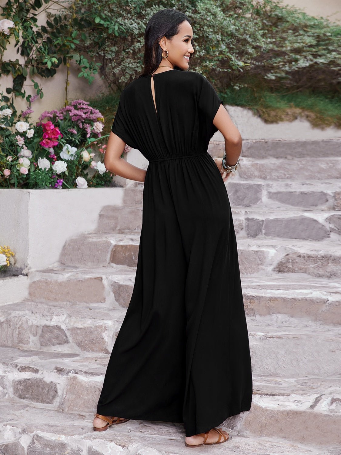 Embroidered Ruched Short Sleeve Jumpsuit - Flip Flop Dynasty