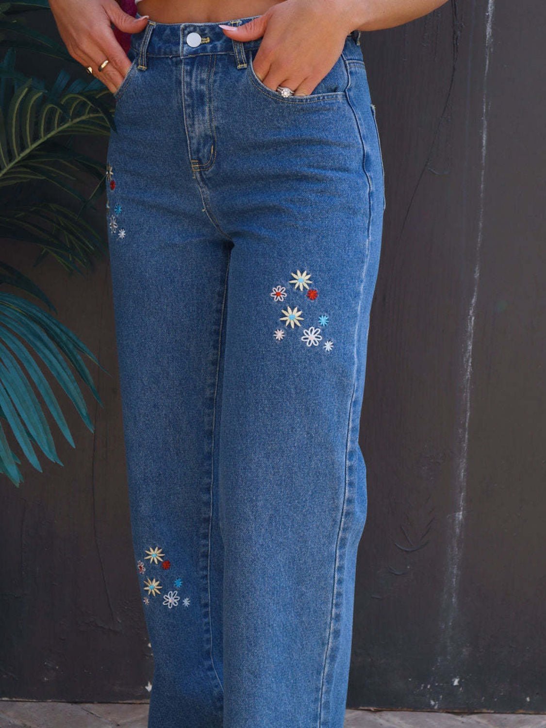 Embroidered Straight Jeans with Pockets - Flip Flop Dynasty