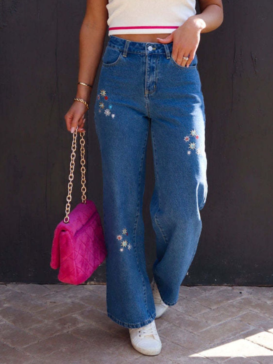 Embroidered Straight Jeans with Pockets - Flip Flop Dynasty