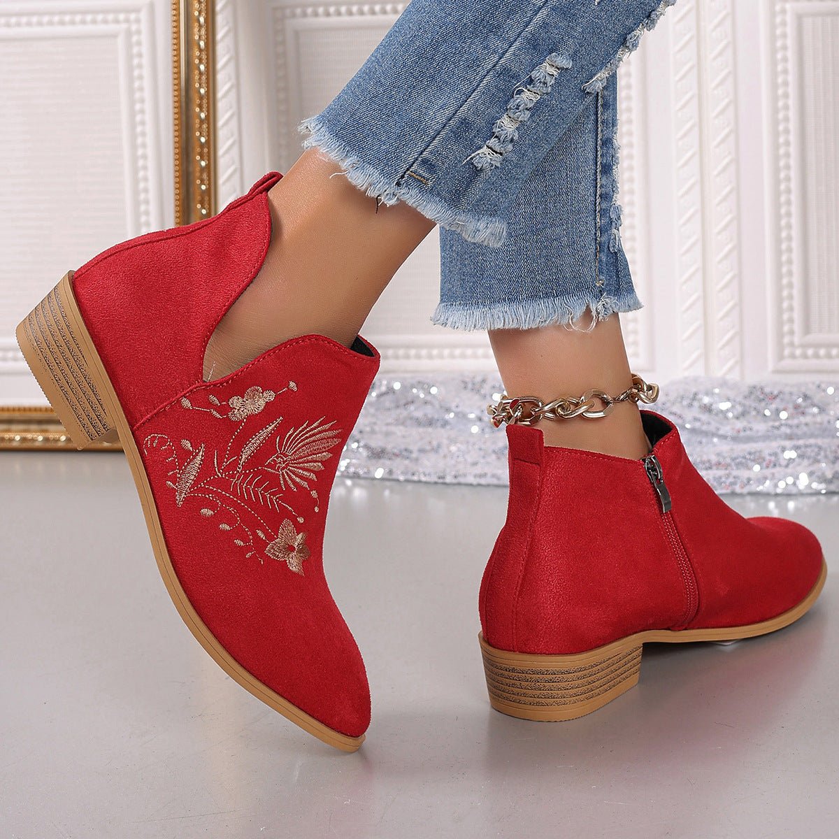 Embroidered Suede Point Toe Block Heel Boots - Flip Flop Dynasty