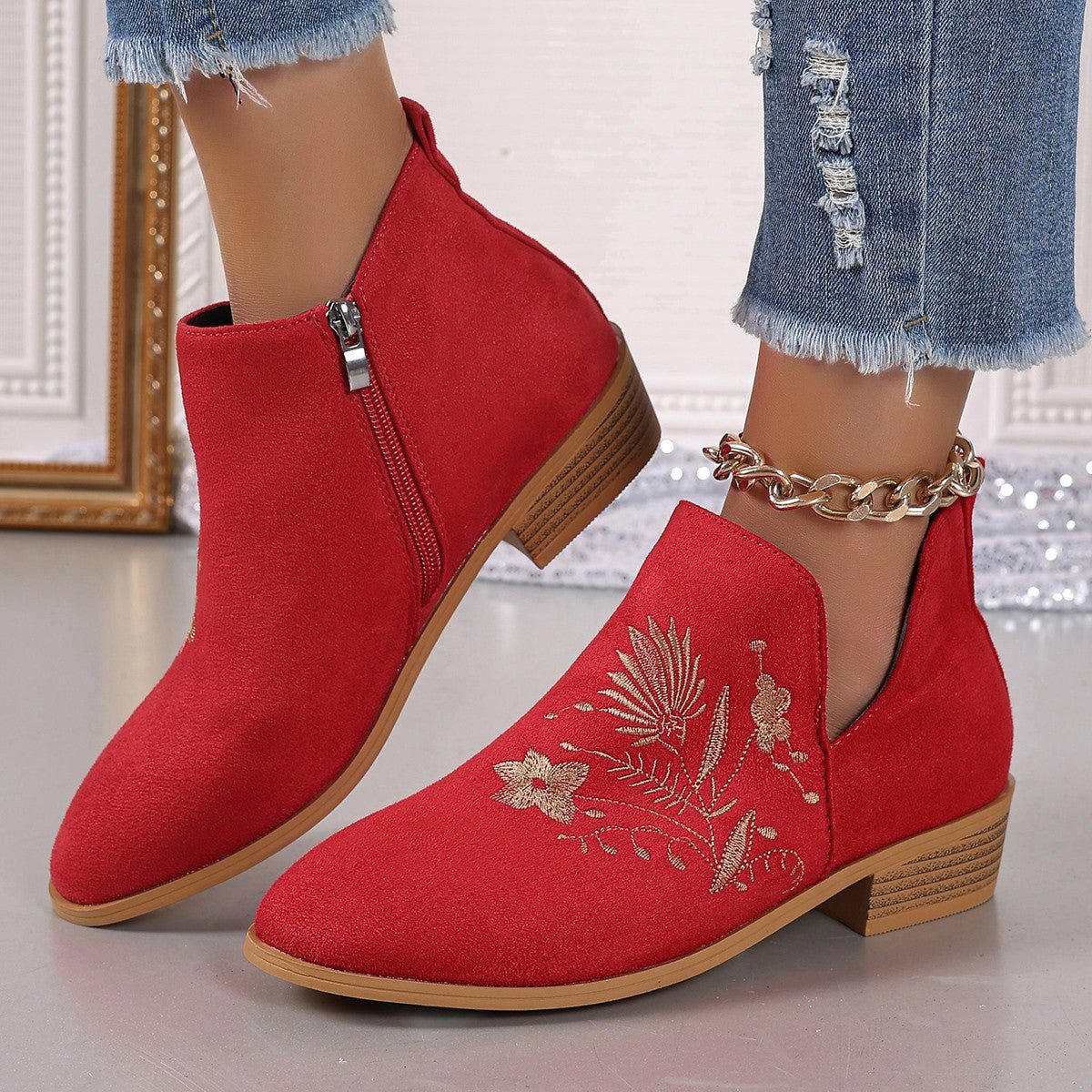 Embroidered Suede Point Toe Block Heel Boots - Flip Flop Dynasty