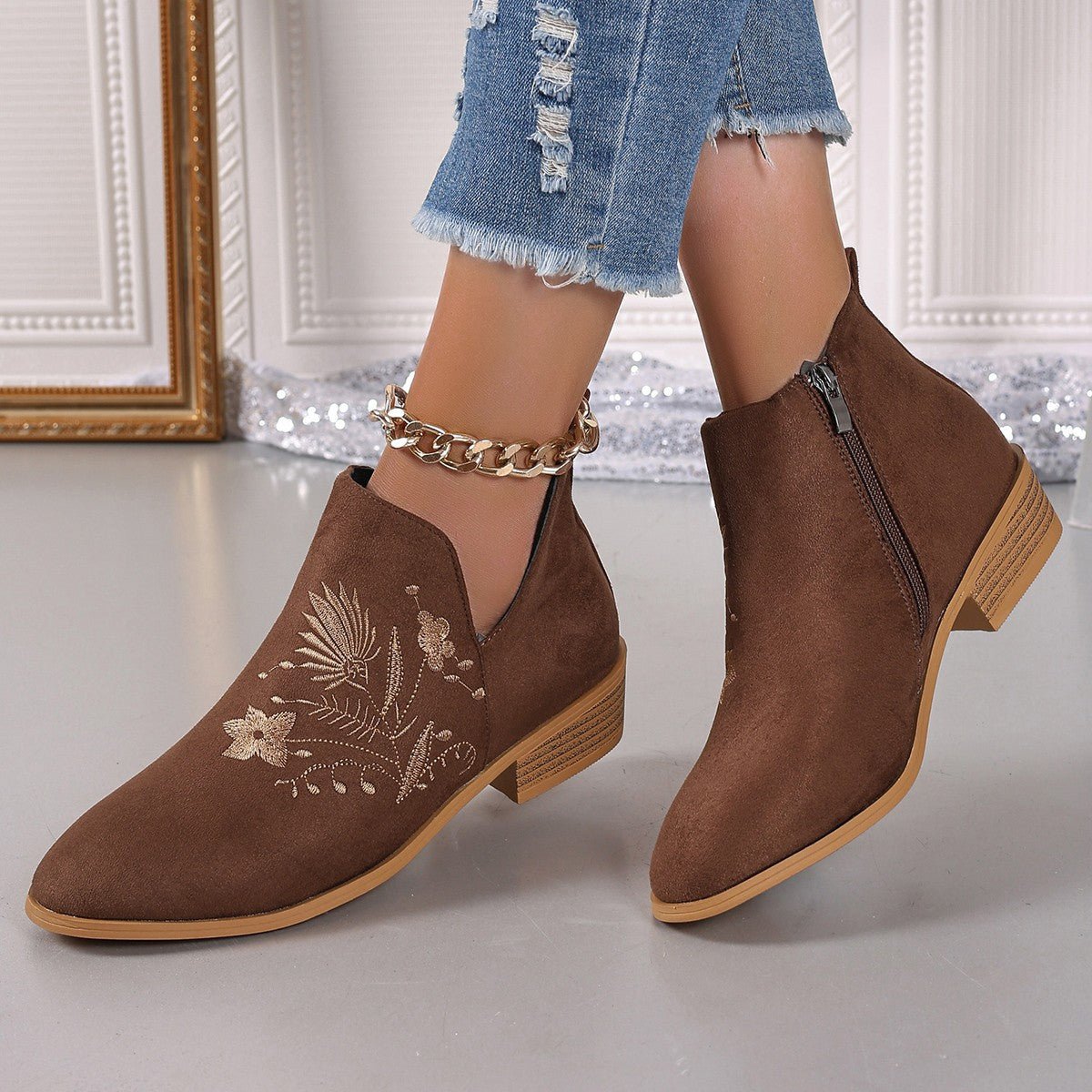Embroidered Suede Point Toe Block Heel Boots - Flip Flop Dynasty