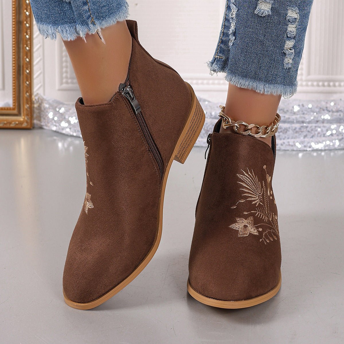 Embroidered Suede Point Toe Block Heel Boots - Flip Flop Dynasty