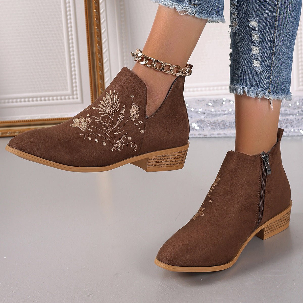Embroidered Suede Point Toe Block Heel Boots - Flip Flop Dynasty