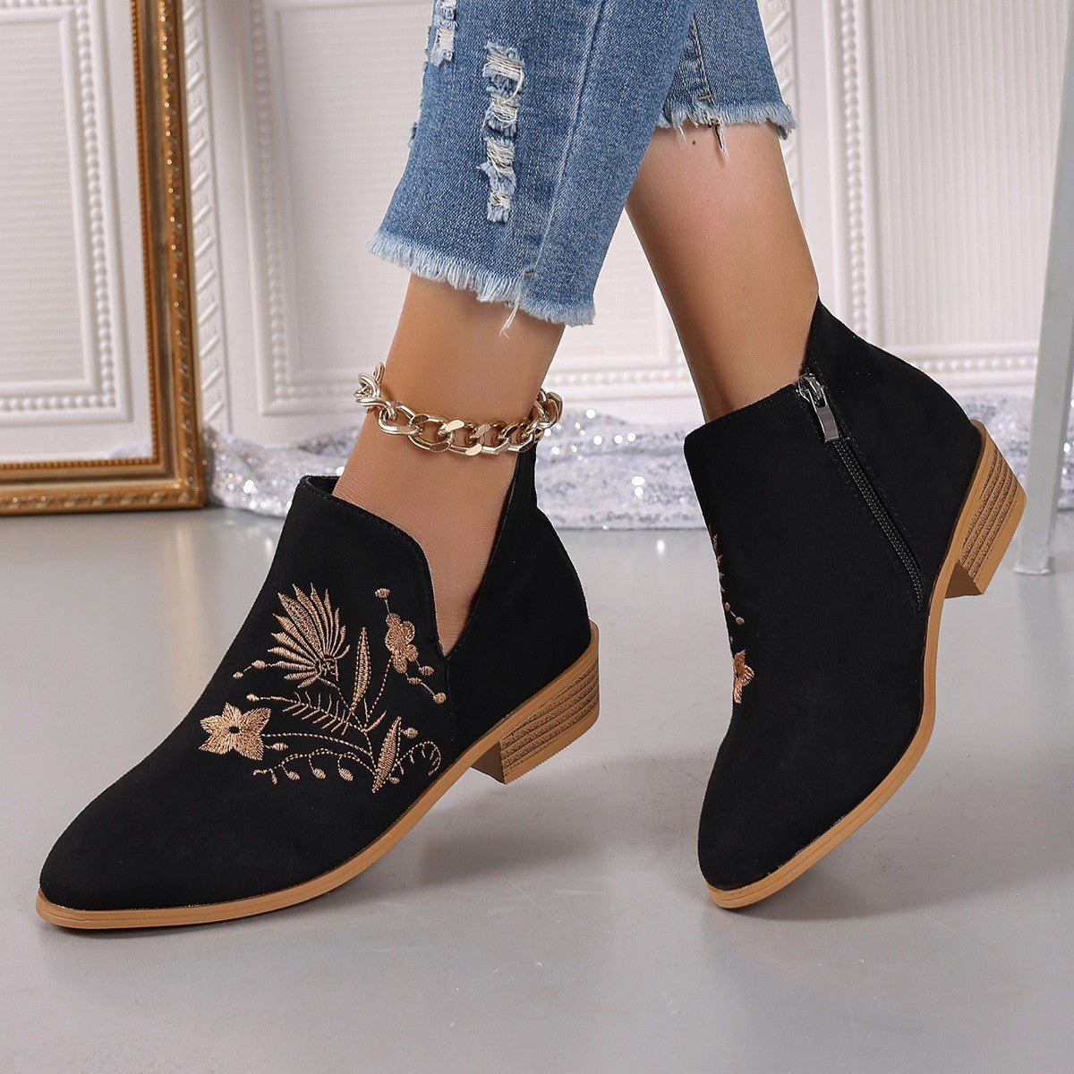 Embroidered Suede Point Toe Block Heel Boots - Flip Flop Dynasty