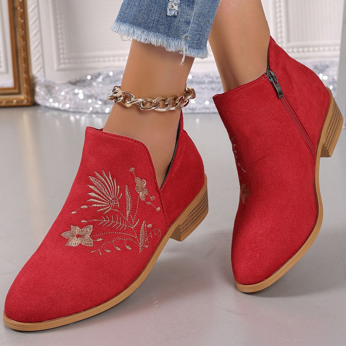 Embroidered Suede Point Toe Block Heel Boots - Flip Flop Dynasty