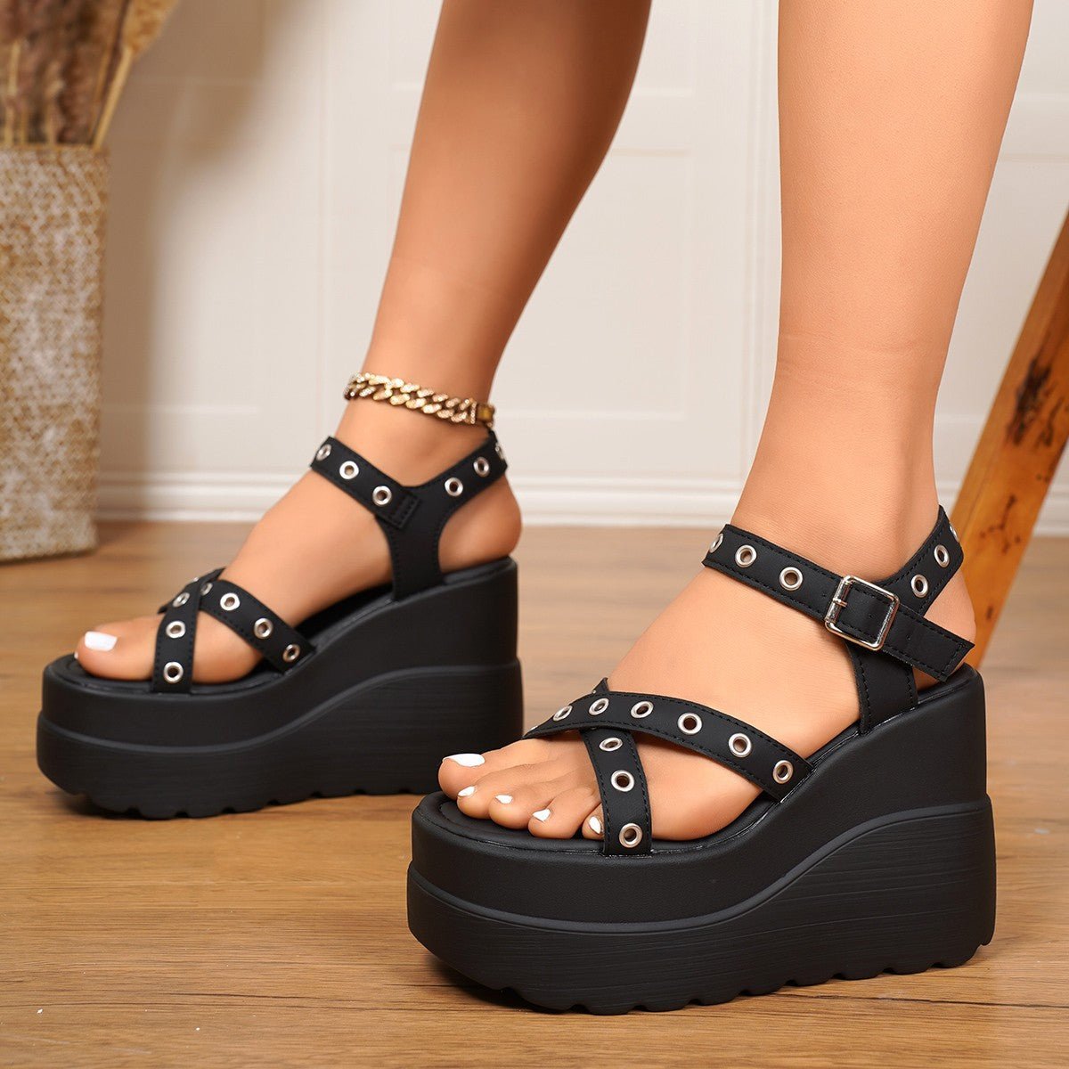 Eyelet Open Toe Platform Wedge Sandals - Flip Flop Dynasty