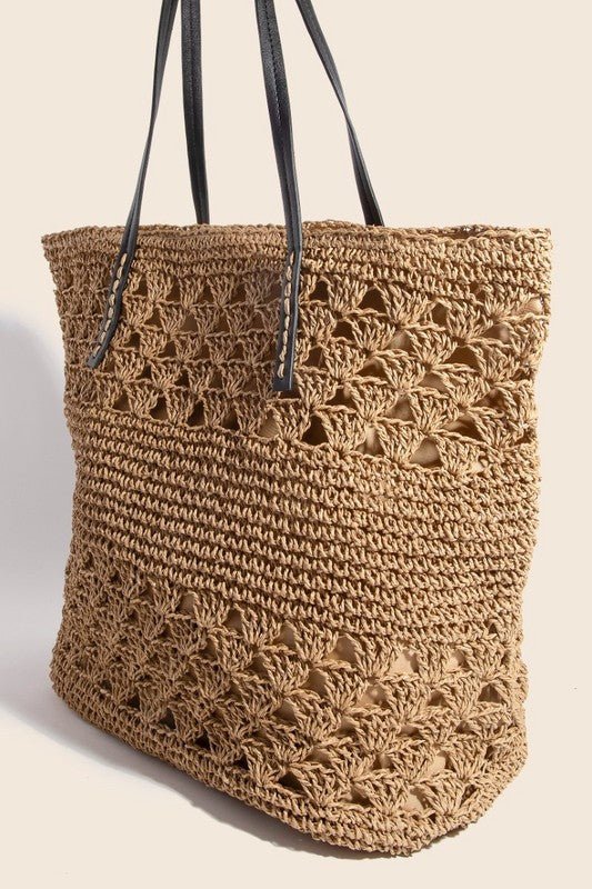 Fame Faux Leather Handle Knitted Tote Bag - Flip Flop Dynasty