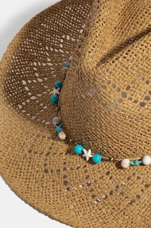 Fame Turquoise and Shell Star Beads Strap Western Straw Hat - Flip Flop Dynasty