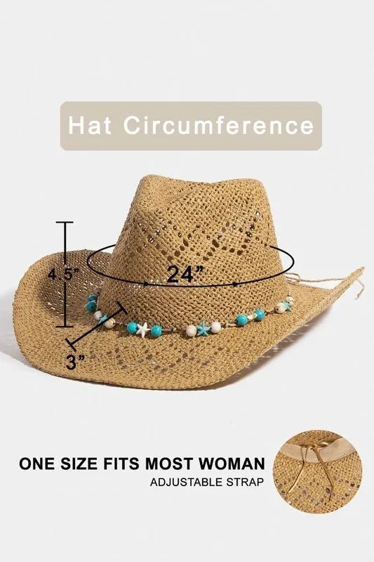 Fame Turquoise and Shell Star Beads Strap Western Straw Hat - Flip Flop Dynasty