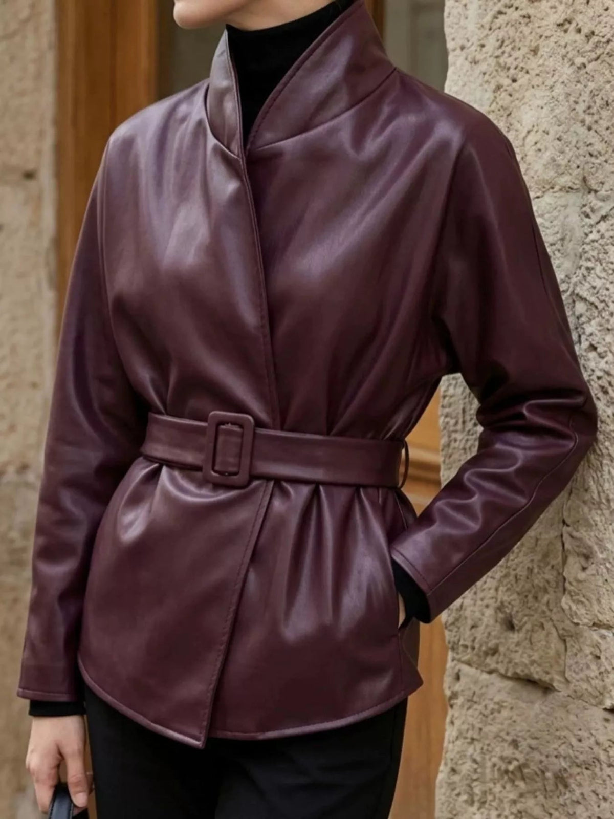Faux Leather Belted Jacket - Flip Flop Dynasty