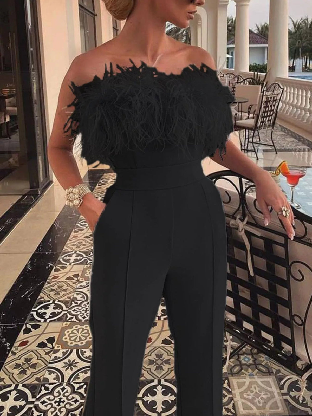 Feather Trim Strapless Wide-Leg Jumpsuit - Flip Flop Dynasty
