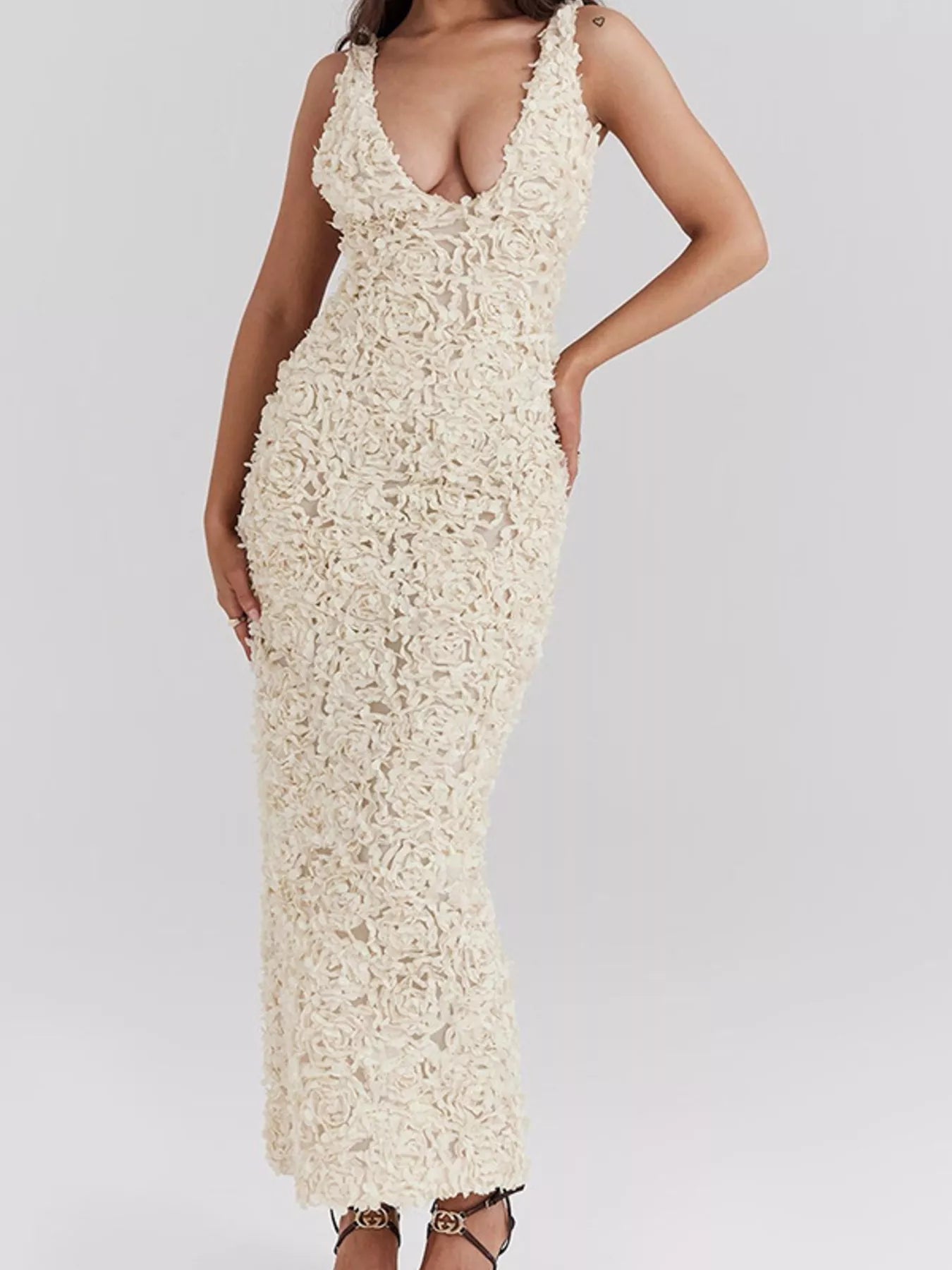 Floral Applique Deep V - Neck Maxi Dress - Flip Flop Dynasty
