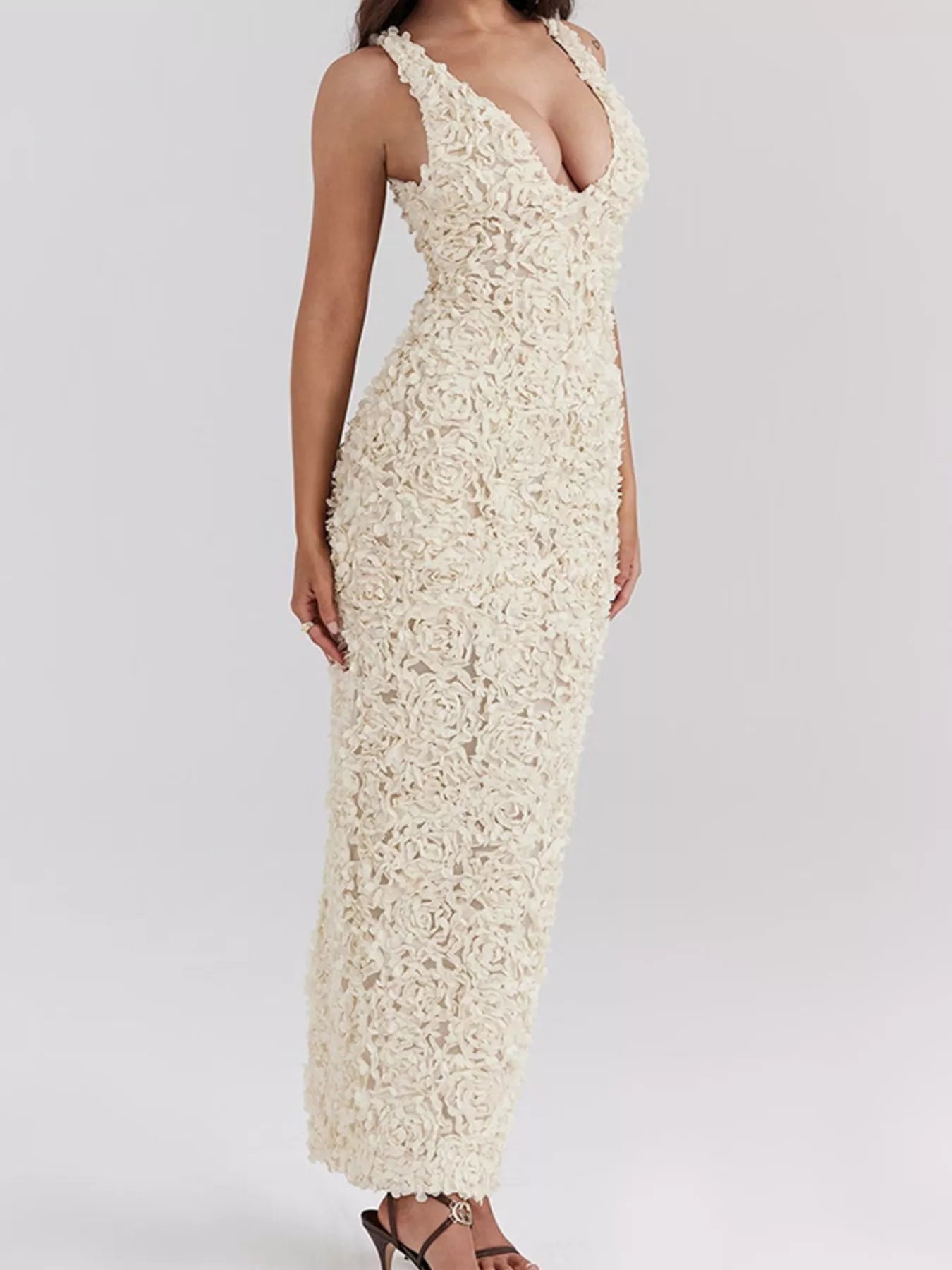 Floral Applique Deep V - Neck Maxi Dress - Flip Flop Dynasty