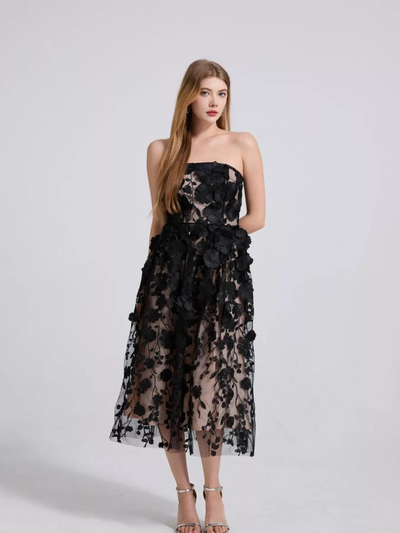 Floral Applique Strapless Midi Dress - Flip Flop Dynasty