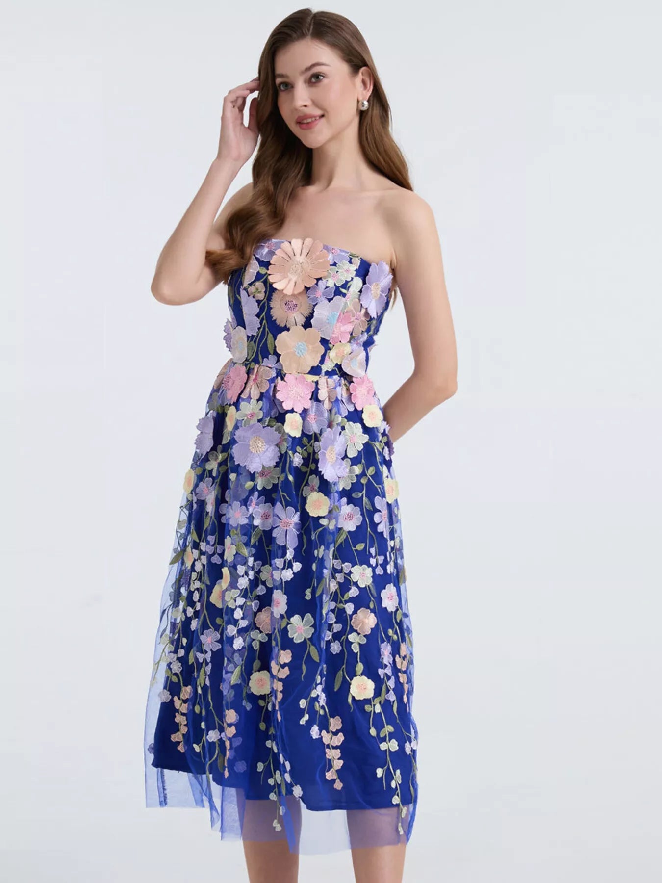Floral Applique Strapless Midi Dress - Flip Flop Dynasty