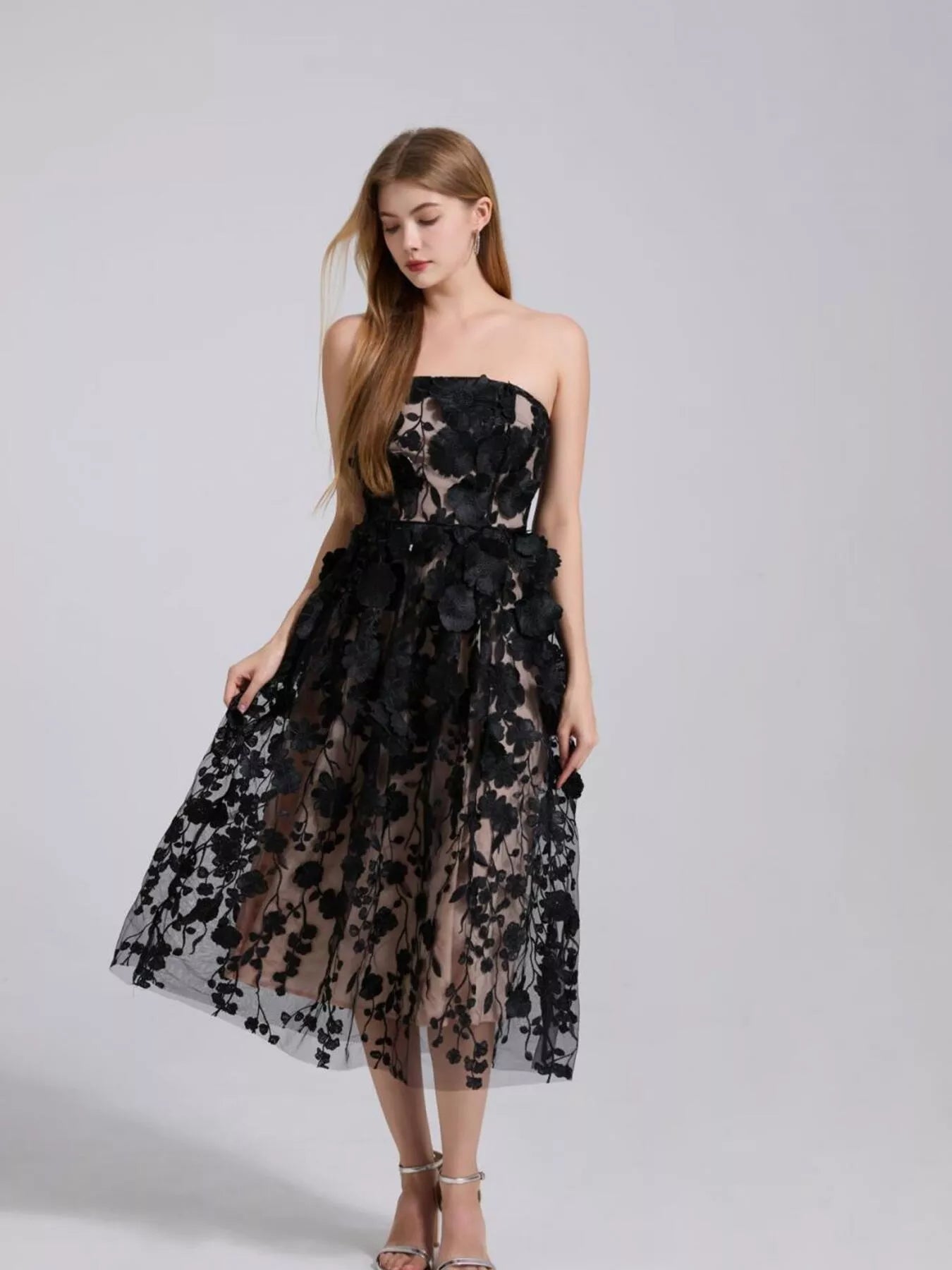 Floral Applique Strapless Midi Dress - Flip Flop Dynasty