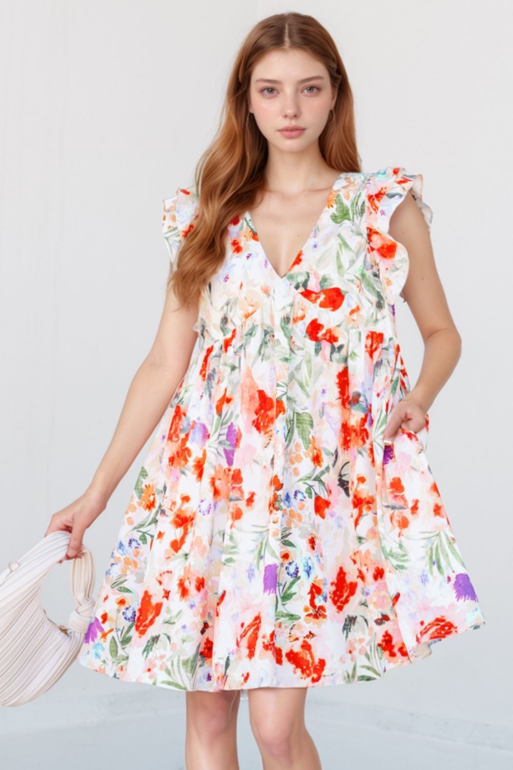 Floral Double Ruffle Sleeve V Neck Mini Dress - Flip Flop Dynasty