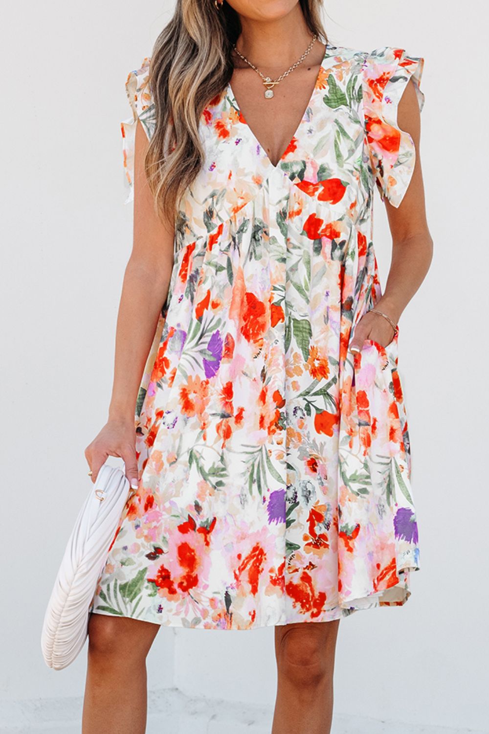 Floral Double Ruffle Sleeve V Neck Mini Dress - Flip Flop Dynasty
