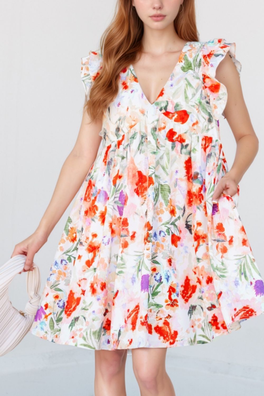 Floral Double Ruffle Sleeve V Neck Mini Dress - Flip Flop Dynasty
